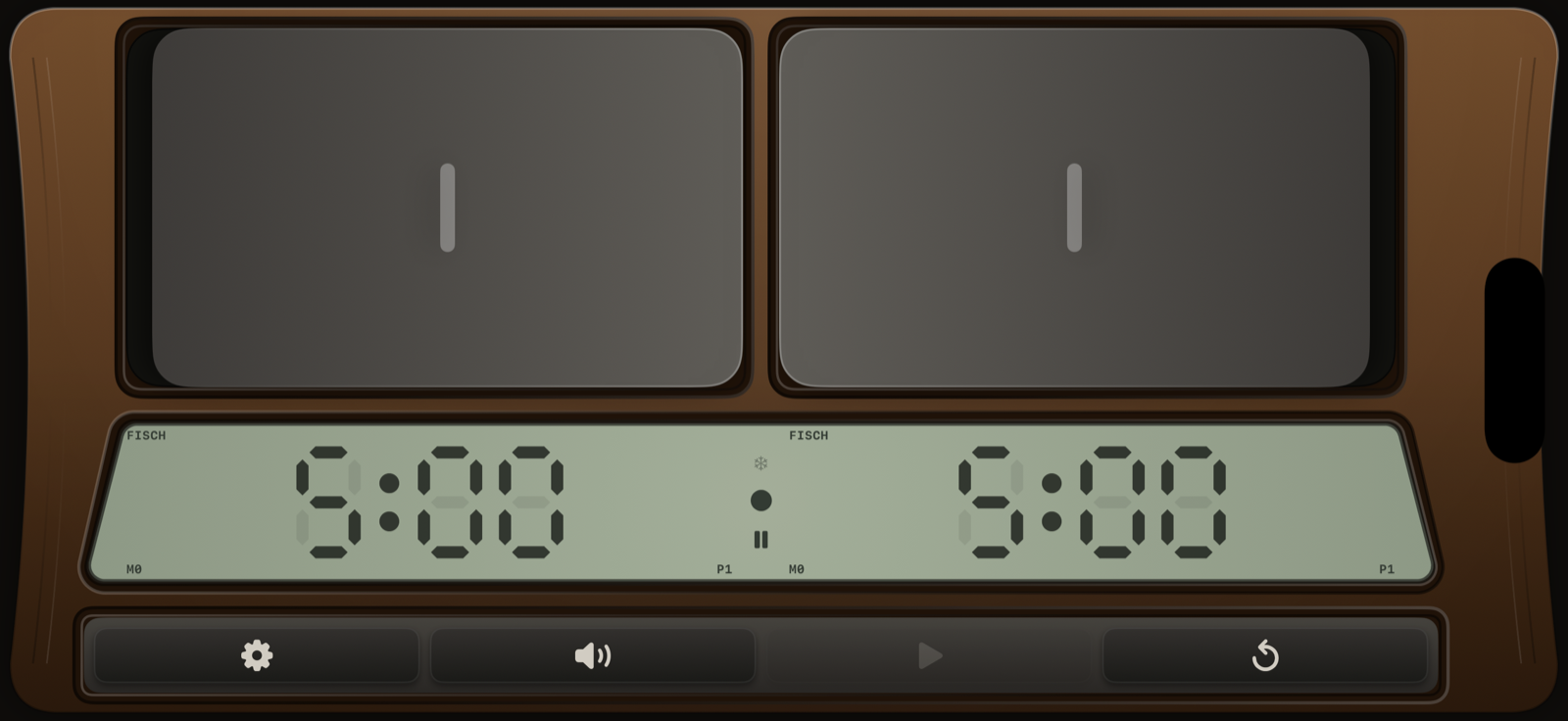 The Chess Clock instrument in walnut, showing 5:00 on both sides